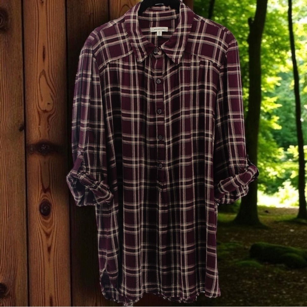 Max Studio Maroon and Tan‎ Plaid Jersey Button Down Fall Pumpkin Patch Size XL